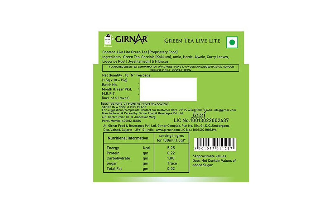 Girnar Live Lite Green Tea    Box  10 pcs